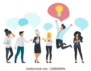 Vector flat style illustration of business people talk and one them jump with speech bubble with idea icon. Social networking concept. Minimalism design with people silhouettes and speech bubbles.
