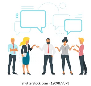 Vector flat style illustration of business people chat and discussing data. Social networking concept. Minimalism design with people silhouettes and speech bubbles.