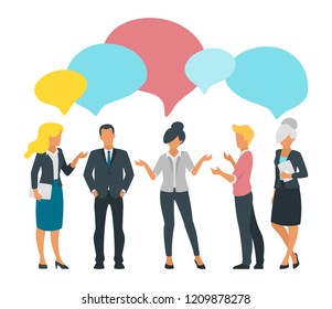 Vector flat style illustration of business people talk and discussing data. Social networking concept. Minimalism design with people silhouettes chat and speech bubbles.