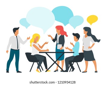 Vector flat style illustration of business people talk and discussing data. Social networking concept. Minimalism design with people silhouettes chat and speech bubbles.