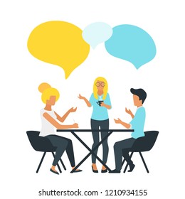 Vector flat style illustration of business people talk about company goals and discussing data. Social networking concept. Minimalism design with people silhouettes and speech bubbles.