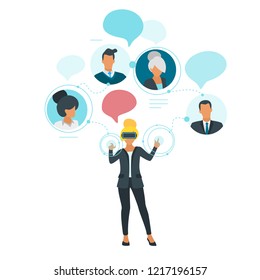 Vector flat style illustration of business leader woman silhouette in virtual reality glasses interact with technological HUD element and talk to people avatar. Networking concept. Minimalism design. 