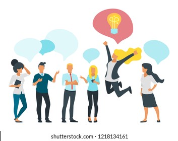 Vector flat style illustration of business people talk and one them jump with speech bubble with idea icon. Social networking concept. Minimalism design with people silhouettes and speech bubbles.
