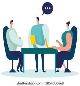 Vector flat style illustration of business people talk and discussing data. Workers are sitting at the negotiating table, vector collective thinking and brainstorming, company information
