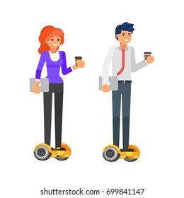 Vector flat style illustration of businessman and businesswoman characters riding personal self balancing transport - howerboard. Isolated on white background.