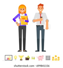 Vector flat style illustration of businessman and businesswoman characters. Business icons. Isolated on white background.