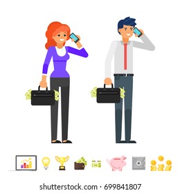 Vector flat style illustration of businessman and businesswoman characters talking on the phone. Business icons. Isolated on white background.