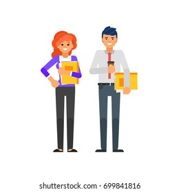 Vector flat style illustration of businessman and businesswoman characters. Isolated on white background.