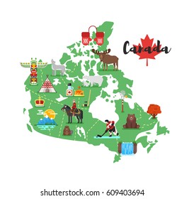 Vector flat style illustration of Canadian map with Canadian national cultural symbols. Isolated on white background.