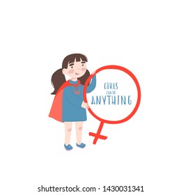 Vector flat style illustration.  Cartoon character cute girl in superheroes costume holding a mirror of venus. Feminism concept – girls can do anything for party, invitations, web, print. 