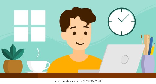 Vector flach Stil, Illustration Cartoon Charakter, Arbeit von zu Hause oder von überall, Arbeit online, soziale Distanzierung, bleiben zu Hause, Quarantäne, neue Normalität, ein kluger Mann arbeitet auf grünem Hintergrund