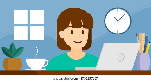 Vector flat style, illustration of cartoon character, work from home or anywhere, working online, social distancing, stay home, quarantine, new normal, a bright woman is working on blue background