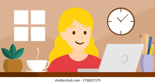 Vector flat style, illustration of cartoon character, work from home or anywhere, working online, social distancing, stay home, quarantine, new normal, a beautiful woman is working on brown background