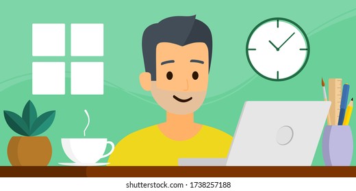 Vector flach Stil, Illustration Cartoon Charakter, Arbeit von zu Hause oder von überall, Arbeit online, soziale Distanzierung, bleiben zu Hause, Quarantäne, neue Normalität, ein heller Mann arbeitet auf grünem Hintergrund
