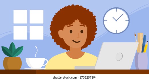 Vector flat style, illustration of cartoon character, work from home or anywhere, working online, social distancing, stay home, quarantine, new normal, a black woman is working on blue background