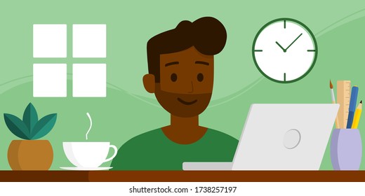 Vector flat style, illustration of cartoon character, work from home or anywhere, working online, social distancing, stay home, quarantine, new normal, a black man is working on green background