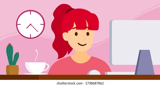 Vector flat style, illustration of cartoon character, work from home or anywhere, online work with computer, social distancing, stay home, quarantine, new normal, a bright woman is using a computer