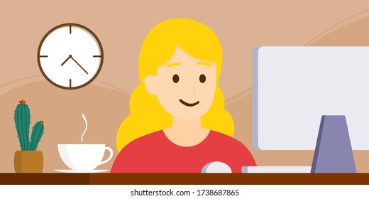 Estilo vectorial plano, ilustración de personaje de caricatura, trabajo desde casa o desde cualquier lugar, trabajo en línea con computadora, distanciamiento social, quedarse en casa, cuarentena, nueva normalidad, una mujer encantadora está usando una computadora