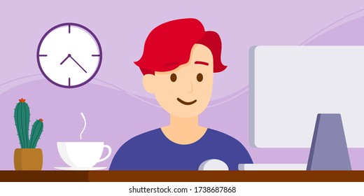 Vector flat style, illustration of cartoon character, work from home or anywhere, online work with computer, social distancing, stay home, quarantine, new normal, a young man is using a computer