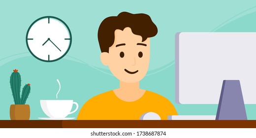Vector flat style, illustration of cartoon character, work from home or anywhere, online work with computer, social distancing, stay home, quarantine, new normal, a smart man is using a computer