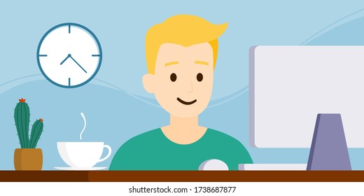 Vector flat style, illustration of cartoon character, work from home or anywhere, online work with computer, social distancing, stay home, quarantine, new normal, a handsome man is using a computer