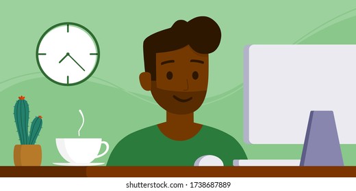 Vector flat style, illustration of cartoon character, work from home or anywhere, online work with computer, social distancing, stay home, quarantine, new normal, a black man is using a computer