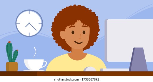 Vector flach Stil, Abbildung Cartoon Charakter, Arbeit von zu Hause oder überall, Online-Arbeit mit Computer, soziale Distanzierung, bleiben zu Hause, Quarantäne, neue Normalität, eine schwarze Frau verwendet einen Computer