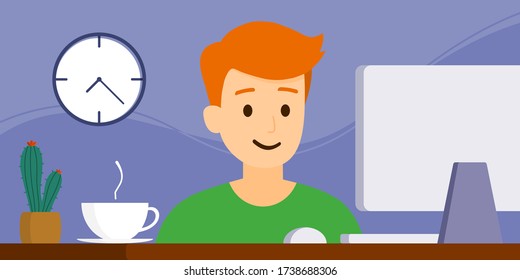 Vector flat style, illustration of cartoon character, work from home or anywhere, online work with computer, social distancing, stay home, quarantine, new normal, a good man is using a computer