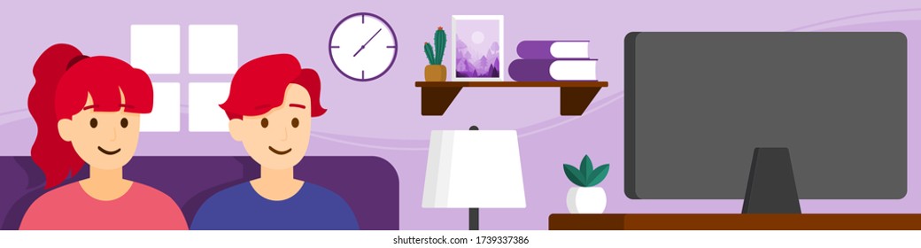 Vector flat style, illustration of cartoon character, stay home, social distancing, quarantine, new normal, work from home or anywhere, a young couple is watching the news on television at home