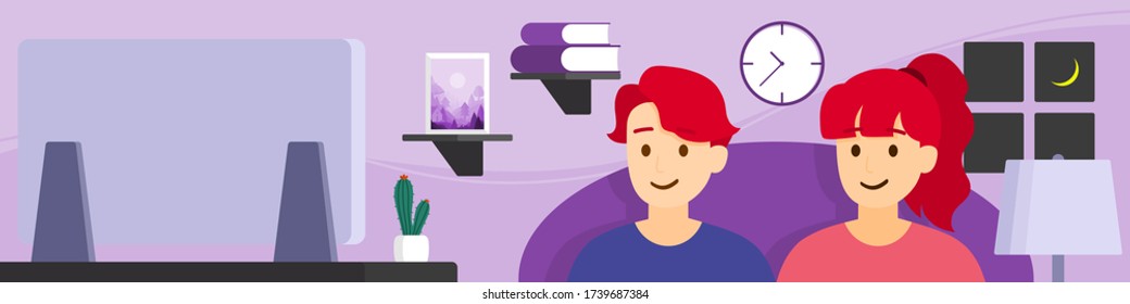 Estilo vectorial plano, ilustración de caricatura, quédate en casa, distanciamiento social, cuarentena, nueva normalidad, trabajo desde casa, pareja, una familia joven está viendo las noticias en la televisión en casa por la noche