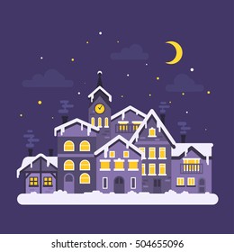 Vector flat style illustration of christmas winter night city. Template for holiday greeting card. Isolated on white background.