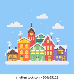 Vector flat style illustration of christmas winter city. Template for holiday greeting card. Isolated on white background.
