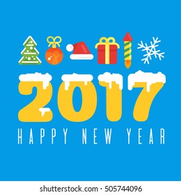 Vector flat style illustration of christmas greetings. Template for holiday greeting card. Isolated on white background. Happy new year 2017.