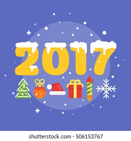 Vector flat style illustration of christmas greetings. Template for holiday greeting card. Blue background. Happy new year 2017.