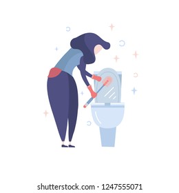 Vector Flat Style Illustration of Cleaning Service Women. Isolated on White Background. Housewife cleans a bathroom toilet with a scrub brush.