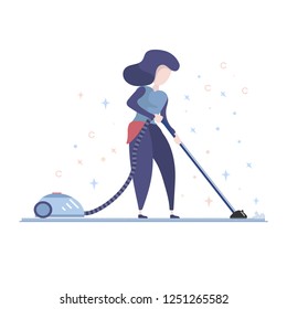 Vector Flat Style Illustration of Cleaning Service Women. Isolated on White Background. Housewife using a vacuum cleaner while cleaning carpet in the house.