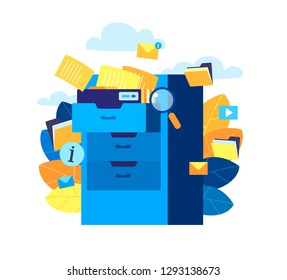 Vector flat style illustration, cloud storage, data processing, message sending, disc drive folder, illustration for web design marketing and printed materials