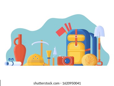 Vector flat style illustration with collection set for archaeologist. Expedition equipment, a backpack and tools, a camera and a cork helmet. Excavations and finds - a stone with a skeleton and a jug