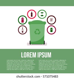 Vector flat style illustration of colorful garbage container. Recycle garbage bin for waste separation.  Sorting: glass, food,  metal, plastic, paper. 