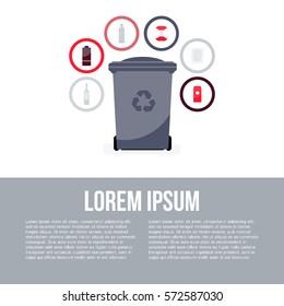 Vector flat style illustration of colorful garbage container. Recycle garbage bin for waste separation.  Sorting: glass, food,  metal, plastic, paper. 