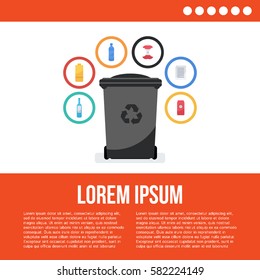 Vector flat style illustration of colorful garbage container. Recycle garbage bin for waste separation.  Sorting: glass, food,  metal, plastic, paper. 