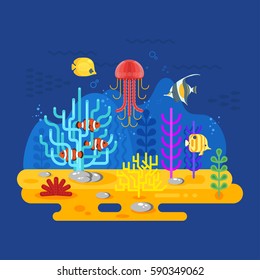 Vector flat style illustration of coral reef with fish. Icon for web. Isolated on blue background.