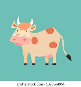 Vector flat style illustration of cow. Isolated on green background. Icon for web.