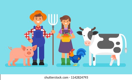 Vector flat style illustration of cow, farmers man and woman and other rural animals. Isolated on blue background. 