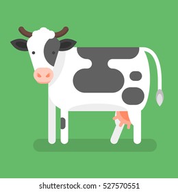 Vector flat style illustration of cow. Isolated on green background. Icon for web.