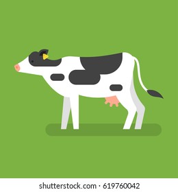 Vector flat style illustration of cow. Isolated on green background. Icon for web.