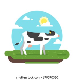 Vector flat style illustration of cow graze in a field. Good sunny day. Nature background.