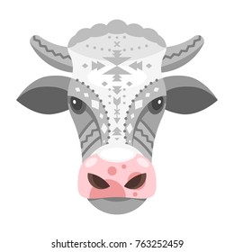 Vector flat style illustration of cow head. Isolated on white background. Icon for web.