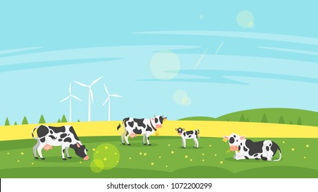 Vector flat style illustration of cows graze in a field. Good sunny day. Nature background.