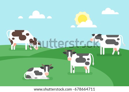 Vector flat style illustration of cows graze in a field. Good sunny day. Nature background.